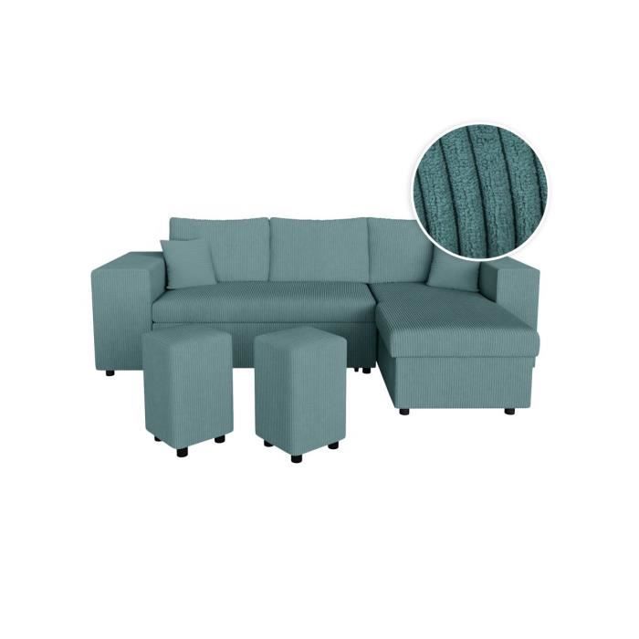 Produit similaire: Canapé d'angle réversible MADY avec coffre, rangement poufs à gauche en velours côtelé bleu clair - L254 x P146 x H81cm - LOUNGITUDE