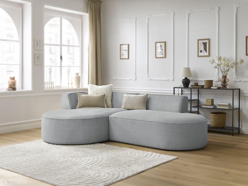 Produit similaire: Canapé d'angle fixe ROUSSEAU velours côtelé gris clair angle gauche BOBOCHIC 4 places