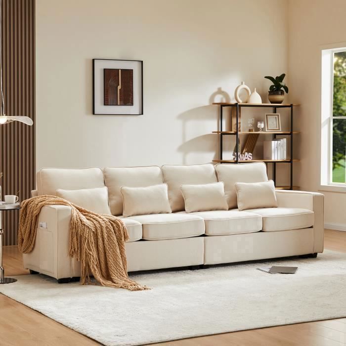 Produit similaire: Canapé moderne 4 places - OKWISH - Tissu lin - Beige - Avec coussins et poches d'accoudoir