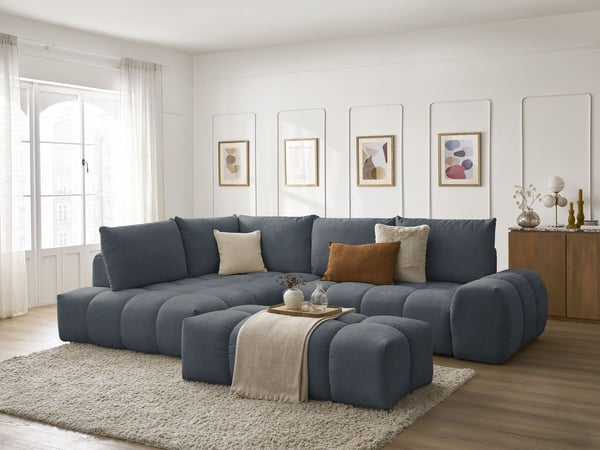 Canapé d'angle L convertible coffre EVEREST tissu texturé avec pouf bleu foncé angle gauche BOBOCHIC 4 places