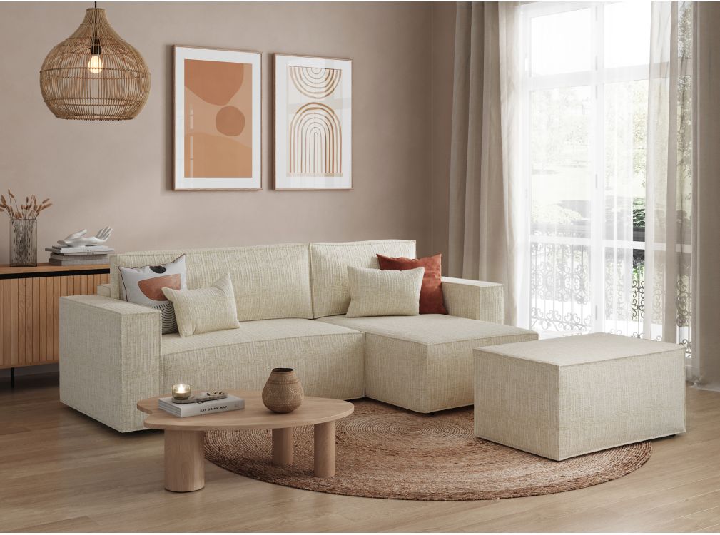 Produit similaire: PACK - CLARISSE - Canapé d'angle convertible réversible avec pouf en tissu texturé 3D