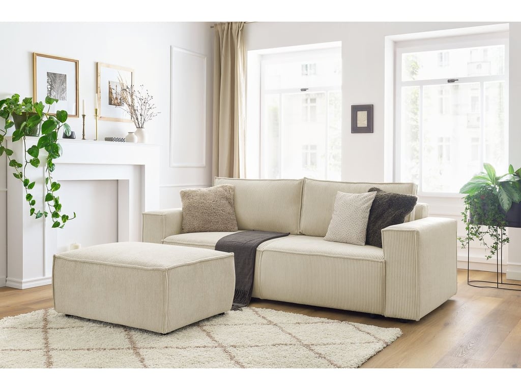Produit similaire: Canapé droit convertible coffre NIHAD velours côtelé avec pouf beige BOBOCHIC 4 places