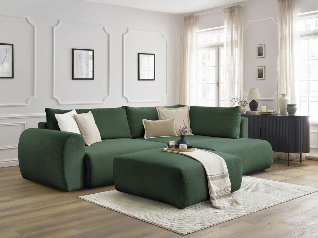 Produit similaire: Canapé d'angle L convertible coffre LUCIEN tissu lisse avec pouf vert angle droit BOBOCHIC 4 places
