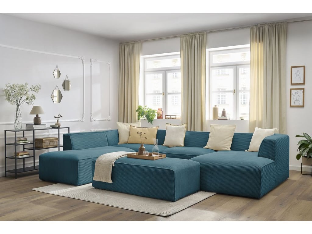 Canapé panoramique fixe MEGEVE avec pouf tissu velours côtelé bleu foncé  angle droit BOBOCHIC 6 places