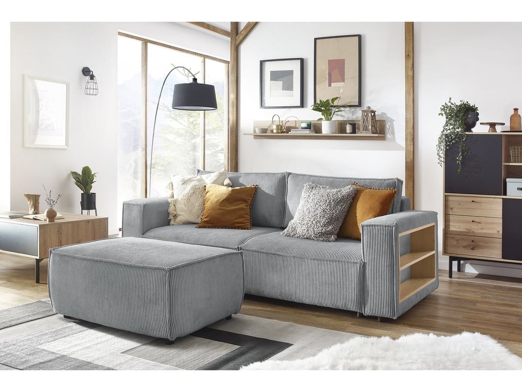 Produit similaire: Canapé droit convertible coffre tablette NIHAD velours côtelé avec pouf gris clair BOBOCHIC 3 places