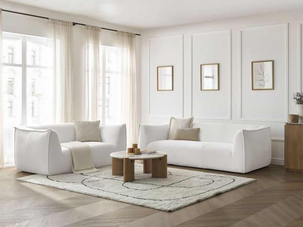 Produit similaire: Ensemble canapé droit fixe 3 + 2 places GIORGIA tissu bouclette blanc BOBOCHIC