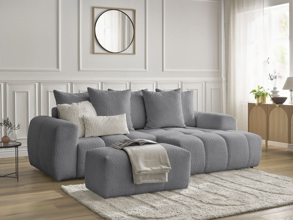 Produit similaire: Canapé d'angle convertible coffre ROXELANE tissu bouclette avec pouf gris foncé angle droit BOBOCHIC 3 places