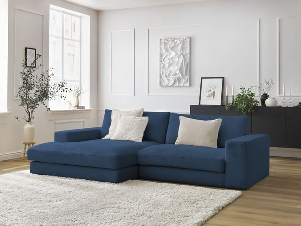 Leonard canapé d'angle fixe compact 4 places velours côtelé bleu foncé angle gauche