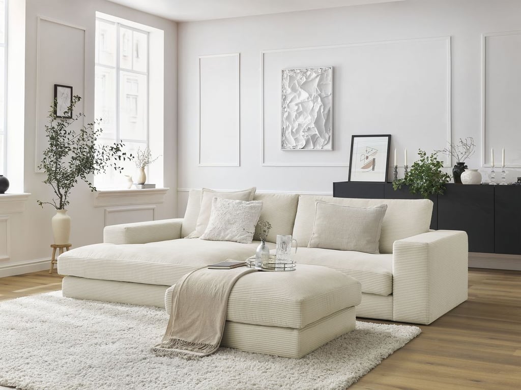 Produit similaire: Canapé d'angle fixe LEONARD velours côtelé avec pouf beige angle gauche BOBOCHIC 5 places