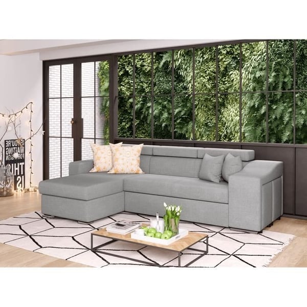 Canapé d'Angle ELONA Convertible en tissu gris clair avec poufs de rangement à droite