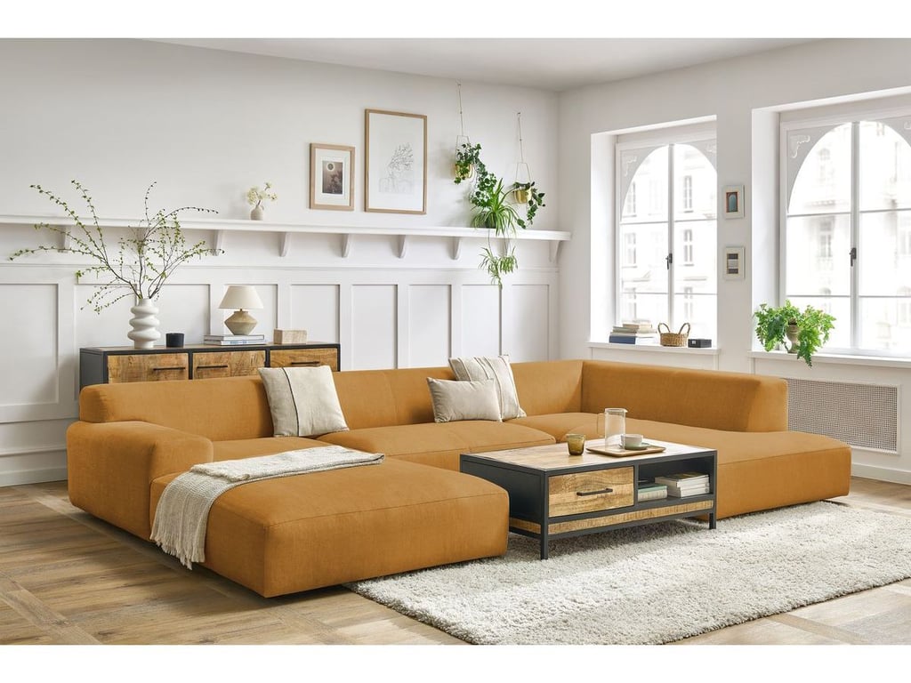 Produit similaire: Canapé panoramique fixe compact LAVENA tissu velours jaune angle gauche BOBOCHIC 6 places