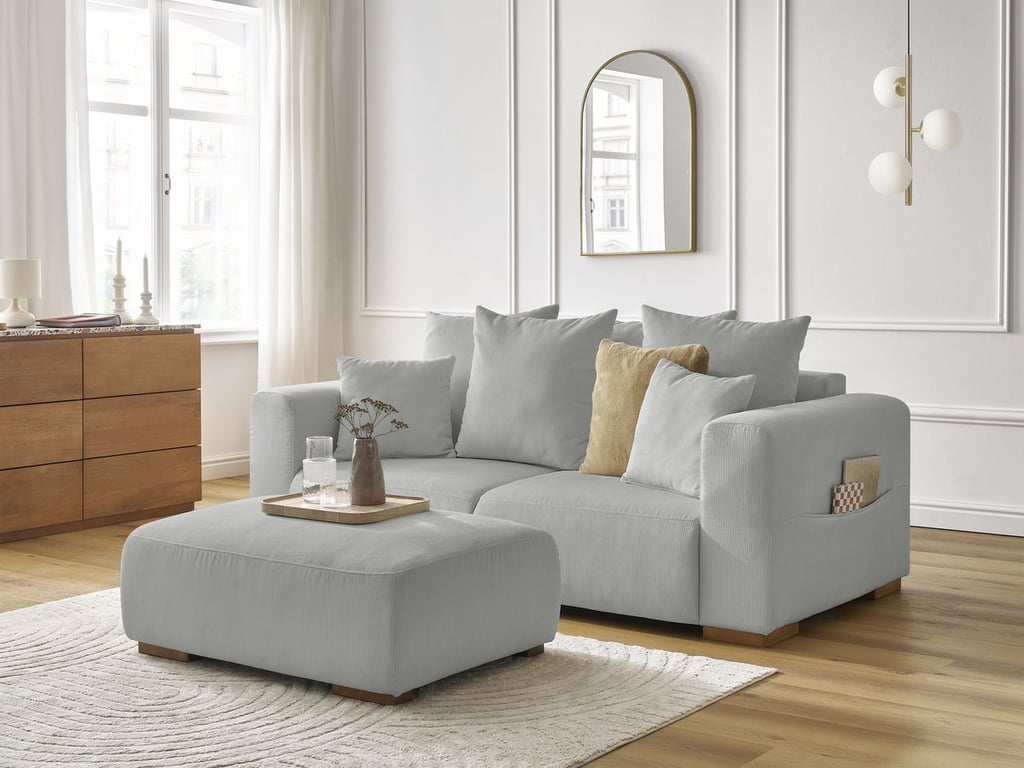 Produit similaire: Canapé droit fixe 2 places SIDONIE velours côtelé avec pouf gris clair BOBOCHIC