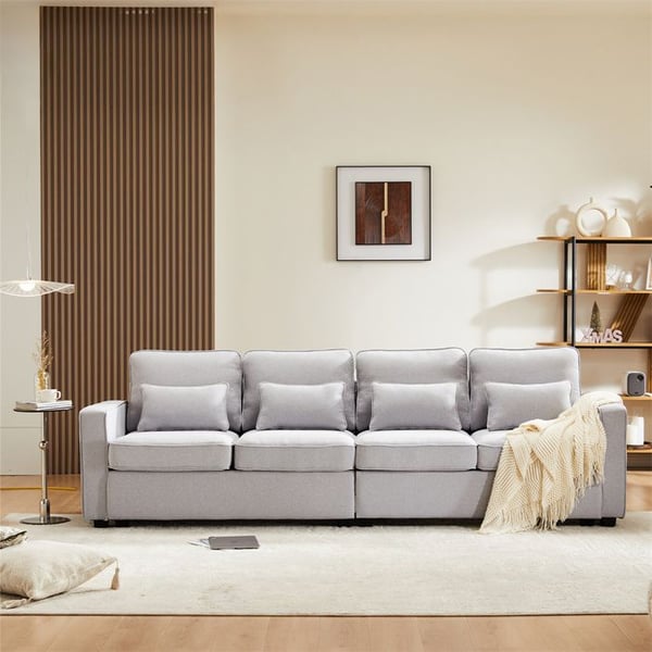 Canapé 4 places moderne en tissu lin,Grand Canapé avec 4 coussins et poches accoudoirs pour le salon,bureau,Gris Clair