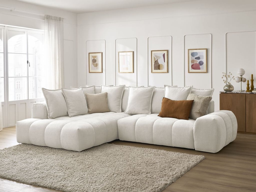 Produit similaire: Canapé d'angle L convertible coffre EVEREST tissu texturé blanc angle gauche BOBOCHIC 3 places