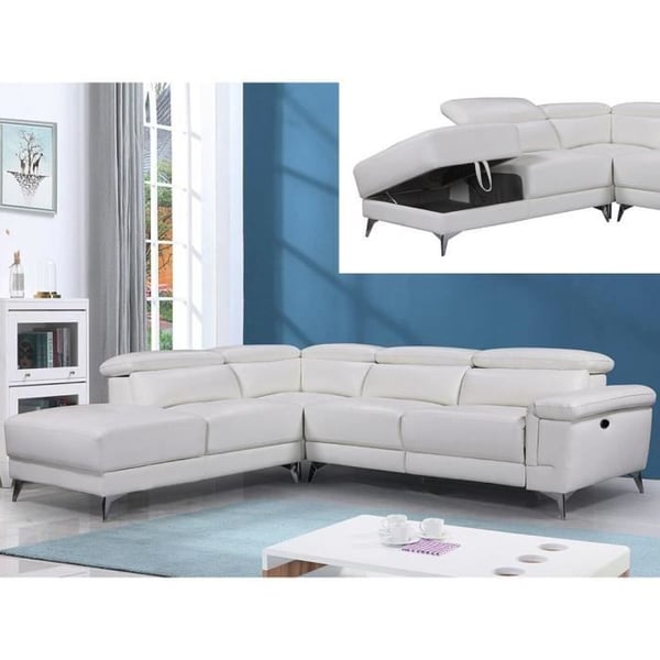 Canapé d'angle relax électrique en cuir PASCALINE - Ivoire - Angle gauche - 5 places - VENTE-UNIQUE