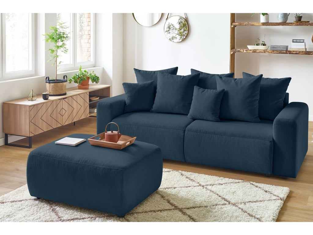 Produit similaire: Canapé droit convertible coffre ENVY velours côtelé avec pouf bleu foncé BOBOCHIC 3 places