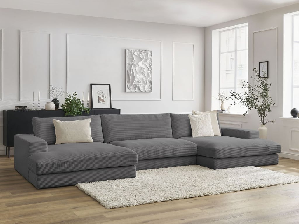 Produit similaire: Canapé panoramique fixe LEONARD velours côtelé gris foncé BOBOCHIC 6 places