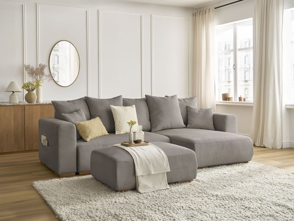 Produit similaire: Canapé d'angle convertible réversible coffre SIDONIE velours côtelé avec pouf taupe BOBOCHIC 4 places