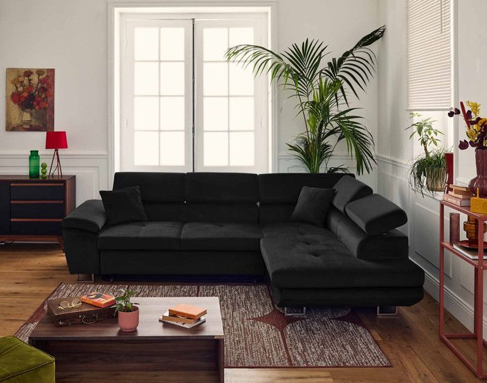 Produit similaire: Canapé d'angle droit 5 places convertible avec coffre et têtières réglables en velours noir - BESTMOBILIER