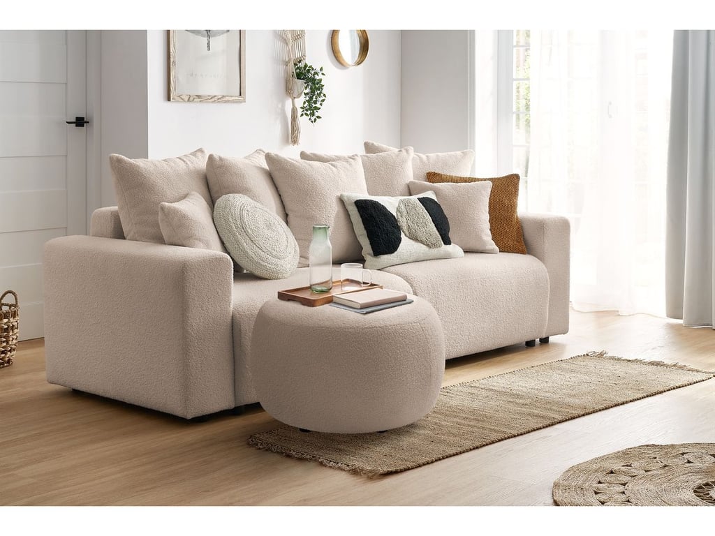 Produit similaire: Canapé droit convertible coffre ENVY tissu bouclette doux avec pouf rond beige BOBOCHIC 3 places