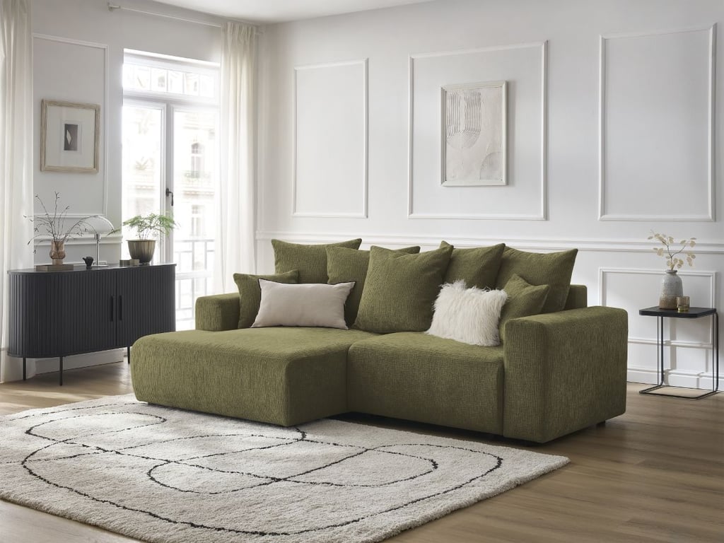 Produit similaire: Canapé d'angle convertible coffre ATILLA tissu texturé vert angle gauche BOBOCHIC 4 places