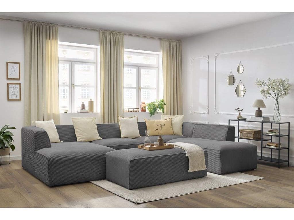 Produit similaire: Canapé panoramique fixe MEGEVE avec pouf tissu velours côtelé gris foncé angle gauche BOBOCHIC 6 places