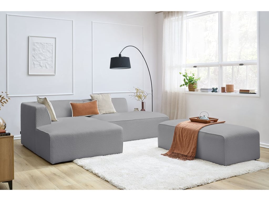 Produit similaire: Canapé d'angle fixe modulable MEGEVE tissu bouclette avec pouf gris clair angle gauche BOBOCHIC 5 places