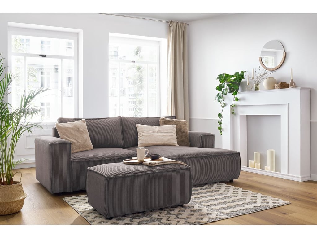 Produit similaire: Canapé d'angle fixe compact NIHAD velours côtelé avec pouf taupe angle droit BOBOCHIC 3 places