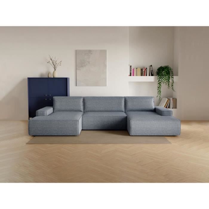 Produit similaire: Canapé d'angle panoramique convertible en tissu texturé bleu AMELIA
