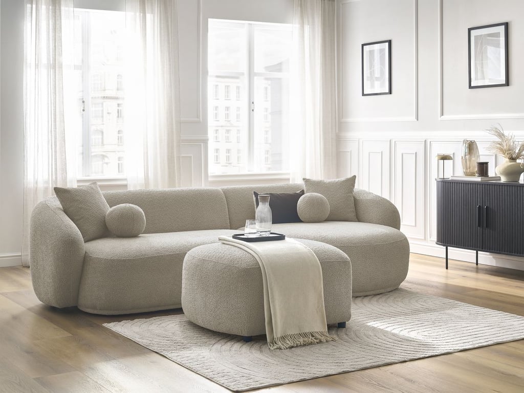 Produit similaire: Canapé d'angle fixe ASHLEY avec pouf taupe angle droit BOBOCHIC 4 places