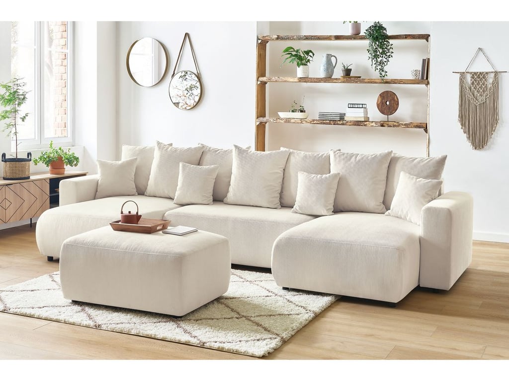 Produit similaire: Canapé panoramique convertible coffre ENVY Velours côtelé avec pouf beige BOBOCHIC 6 places