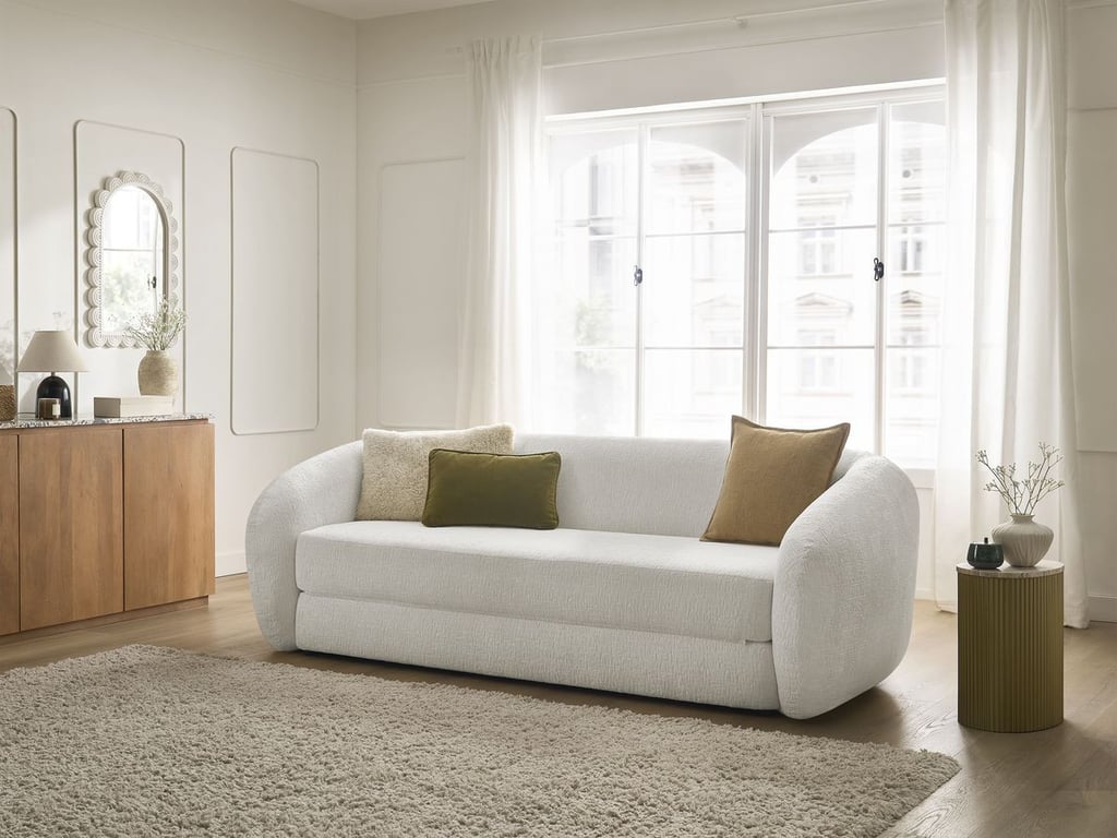 Produit similaire: Canapé droit convertible déplimousse NEYO tissu texturé blanc BOBOCHIC 3 places