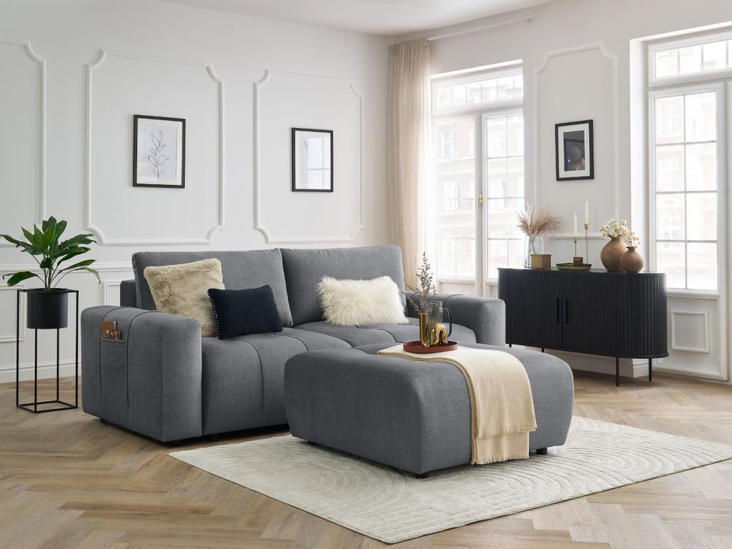 Produit similaire: Canapé droit convertible coffre ARSENE tissu velours avec pouf gris foncé BOBOCHIC 4 places