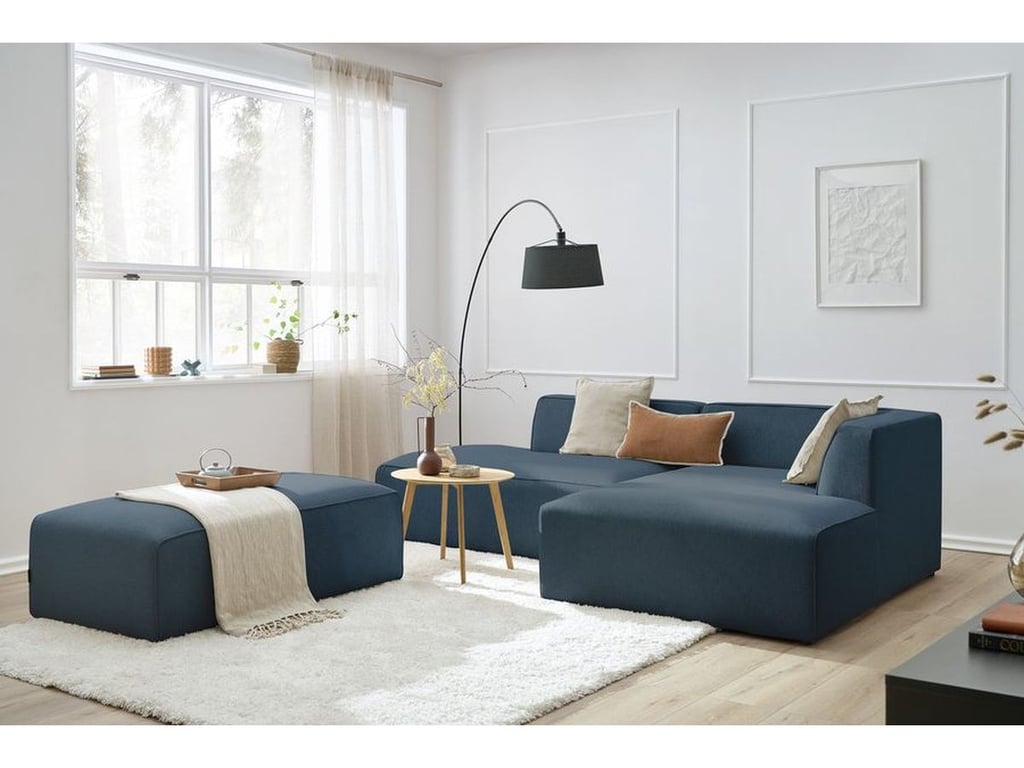 Produit similaire: Canapé d'angle fixe modulable MEGEVE tissu chiné avec pouf bleu foncé angle droit BOBOCHIC 5 places