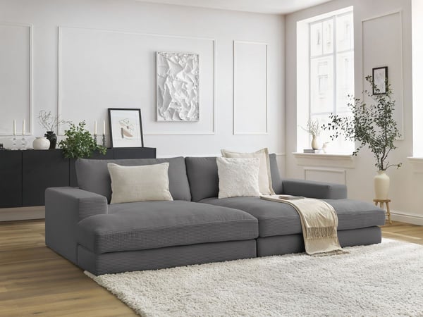 Leonard canapé droit fixe compact assise profonde 4 places velours côtelé gris foncé