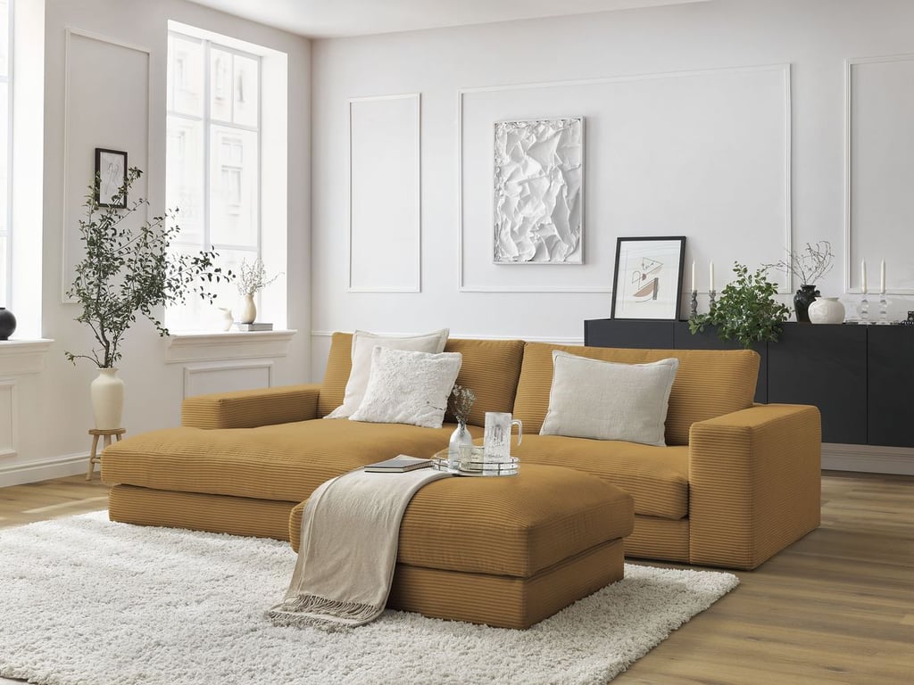 Produit similaire: Canapé d'angle fixe LEONARD velours côtelé avec pouf jaune angle gauche BOBOCHIC 5 places