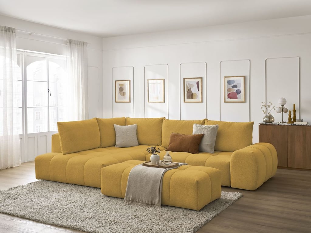Produit similaire: Canapé d'angle L convertible coffre EVEREST tissu chiné avec pouf jaune angle gauche BOBOCHIC 4 places
