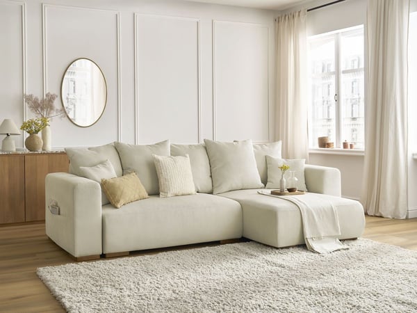 Sidonie canapé d'angle convertible réversible coffre 3 places velours côtelé beige