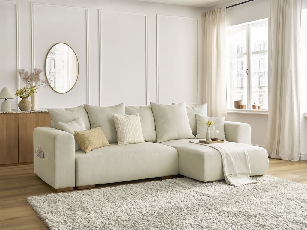 Produit similaire: Canapé d'angle convertible réversible coffre SIDONIE velours côtelé beige BOBOCHIC 3 places