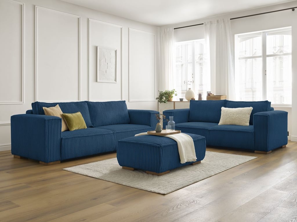 Produit similaire: Ensemble canapé droit fixe 3 + 2 places CHELSEA gros velours côtelé avec pouf bleu foncé BOBOCHIC