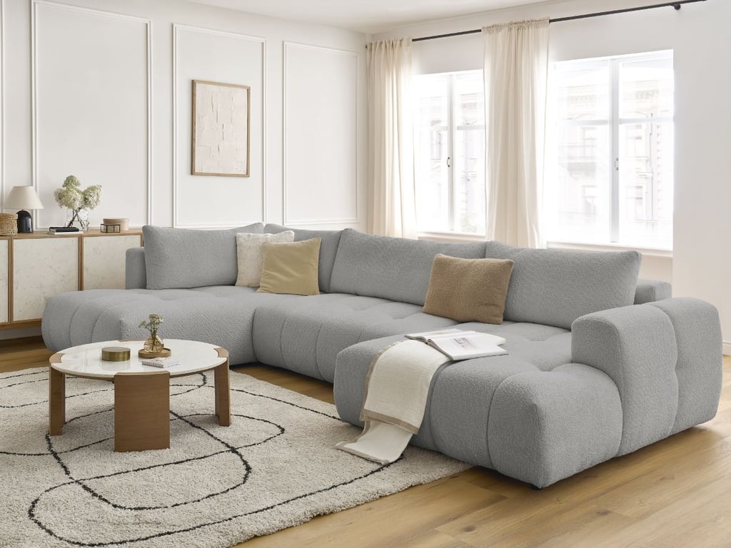 Produit similaire: Canapé d'angle panoramique convertible FUJI tissu bouclette gris clair angle droit BOBOCHIC 5 places