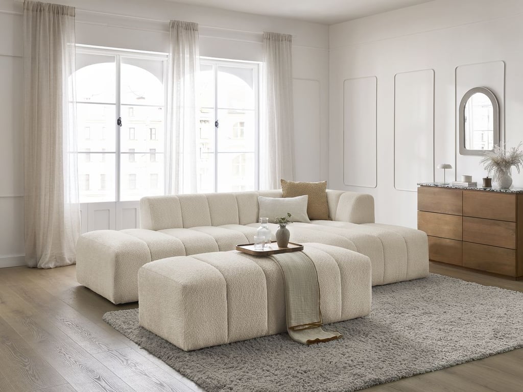 Produit similaire: Canapé d'angle fixe modulable ANNECY tissu bouclette avec pouf beige angle droit BOBOCHIC 4 places