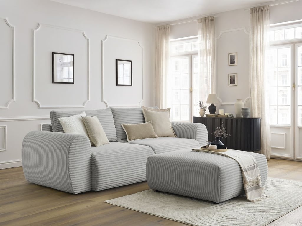 Produit similaire: Canapé droit convertible coffre LUCIEN gros côtelé doux avec pouf gris clair BOBOCHIC 4 places