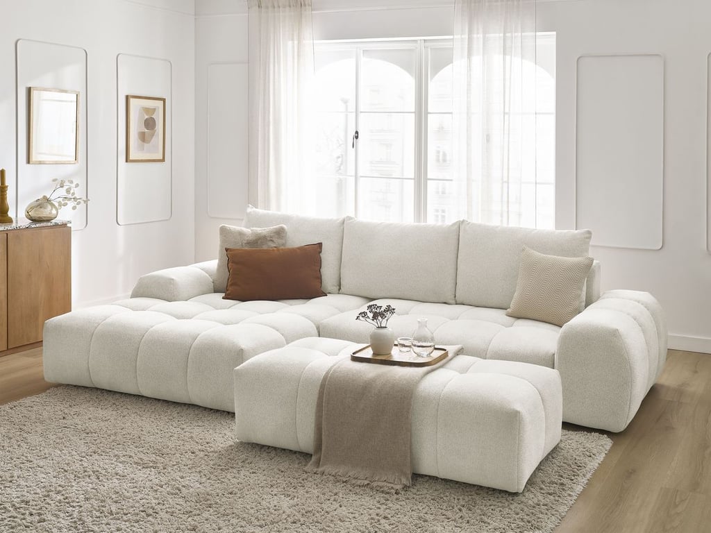 Produit similaire: Canapé d'angle convertible coffre EVEREST tissu chiné avec pouf blanc angle gauche BOBOCHIC 4 places