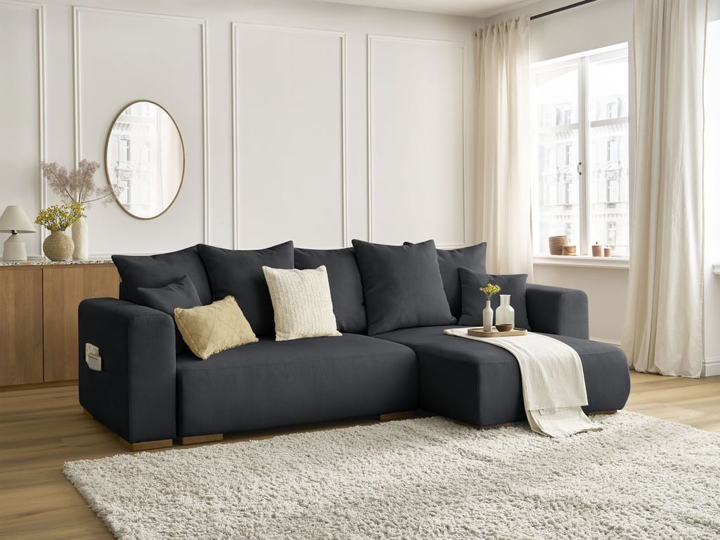 Produit similaire: Canapé d'angle convertible réversible coffre SIDONIE velours côtelé noir BOBOCHIC 3 places