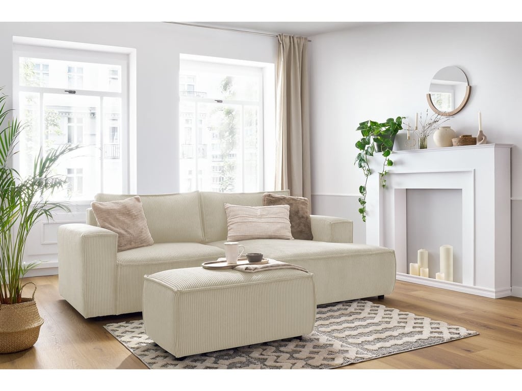 Produit similaire: Canapé d'angle fixe compact NIHAD velours côtelé avec pouf beige angle droit BOBOCHIC 3 places