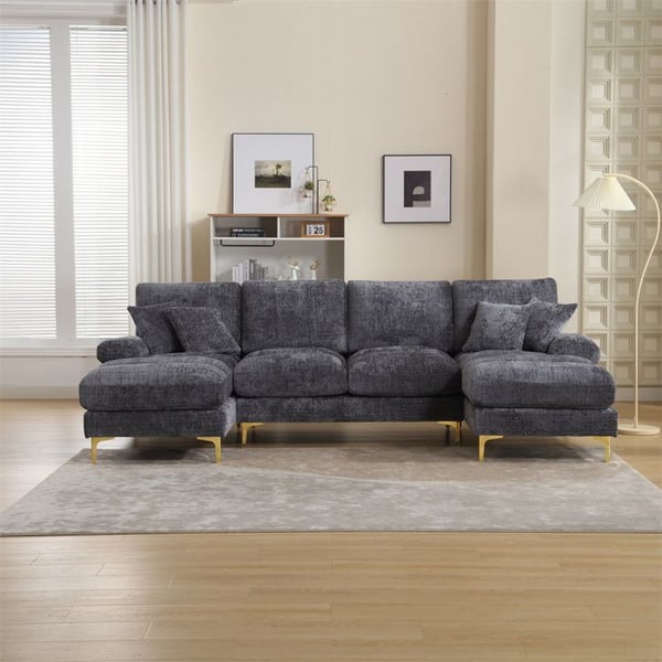 Canapé 4/5 Places en tissu chenille,Canapé Scandinave en forme U avec 4 coussins,oreillers pour salon,chambre,Gris