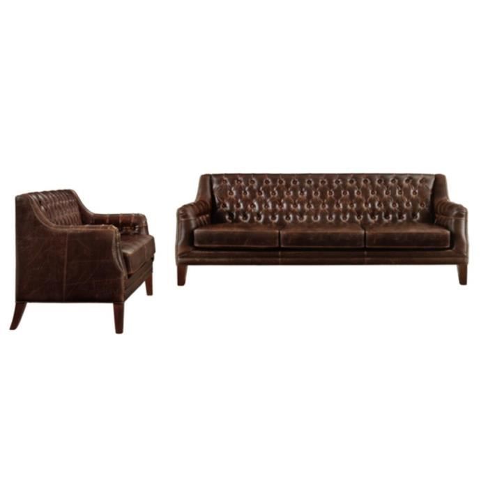 Canapé 3+2 places en cuir COLBERT - Marron - Vintage - Moelleux - Fixe