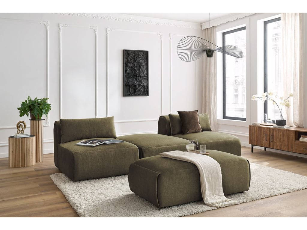 Produit similaire: Canapé droit fixe 3 places JEANNE avec pouf tissu velours vert BOBOCHIC 4 places