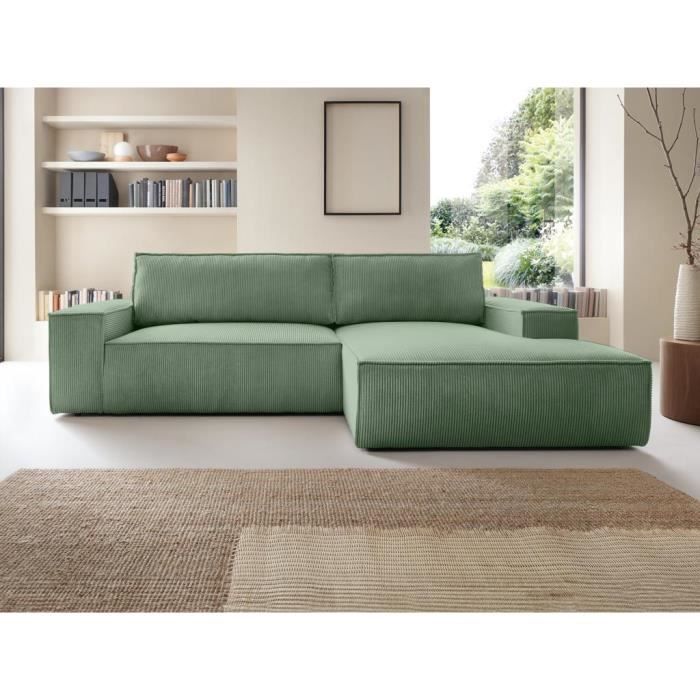 Produit similaire: Canapé d'angle droit convertible en velours côtelé vert amande AMELIA